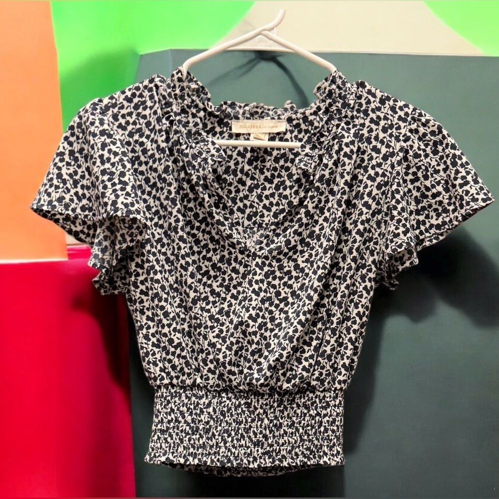 Monteau Black and White Patterned Blouse LARGE